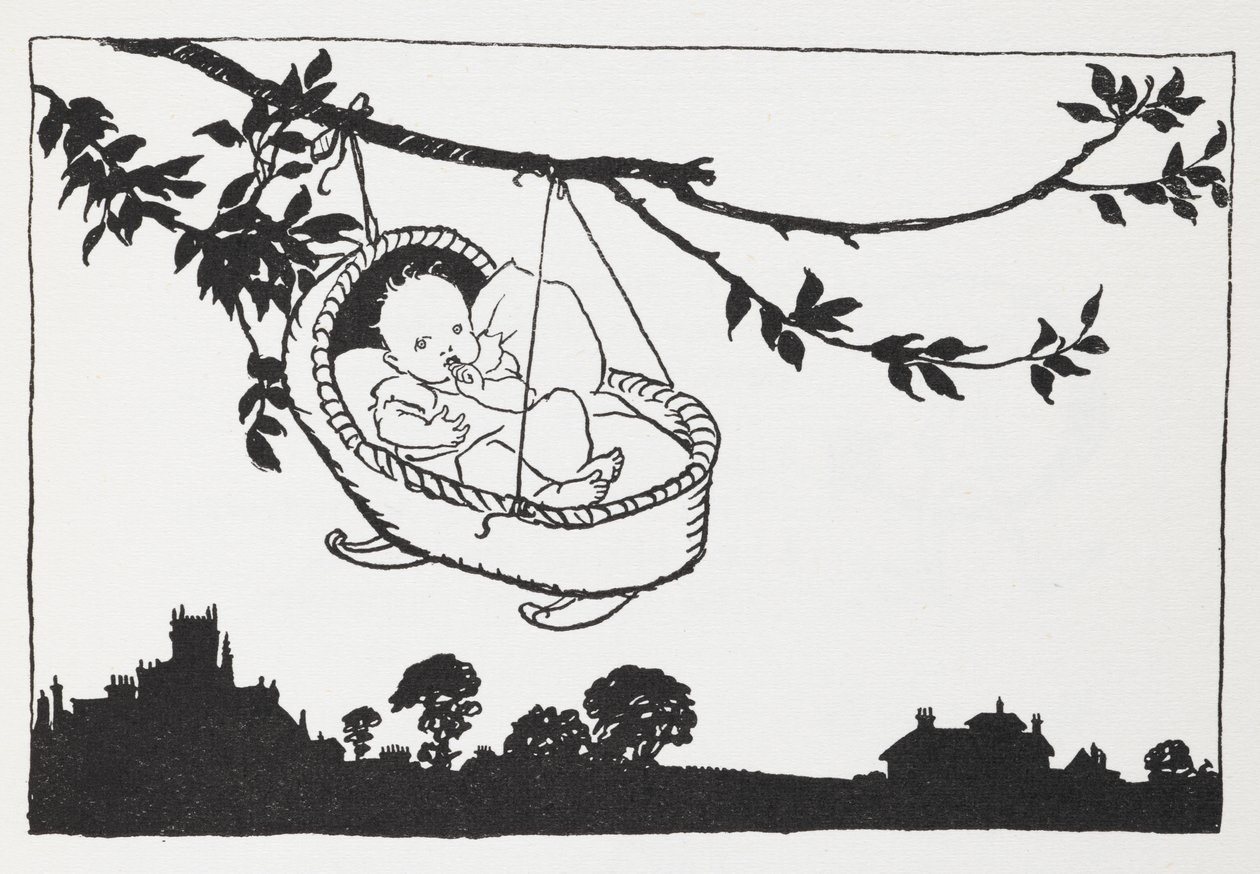 Bebek karyolasında daldan sarkıyor. by Arthur Rackham