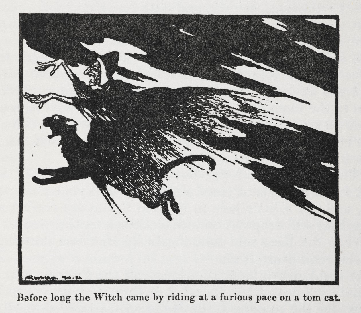 Çok geçmeden Cadı, bir erkek kedinin üzerinde çılgın bir hızla gelerek geldi. by Arthur Rackham