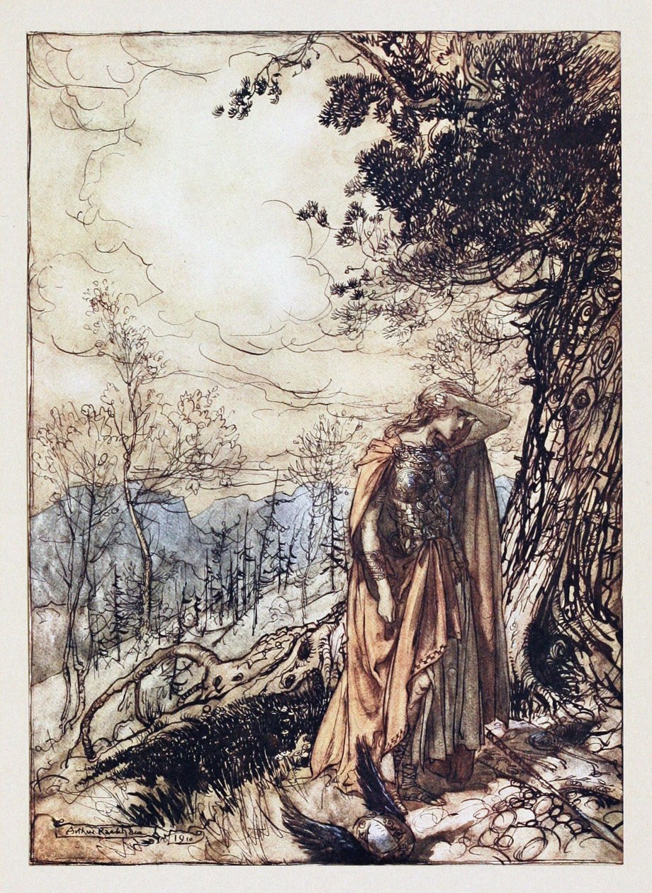 Brünnhilde. Rhinegold ve Valkyrie için çizim, Richard Wagner, 1910 by Arthur Rackham