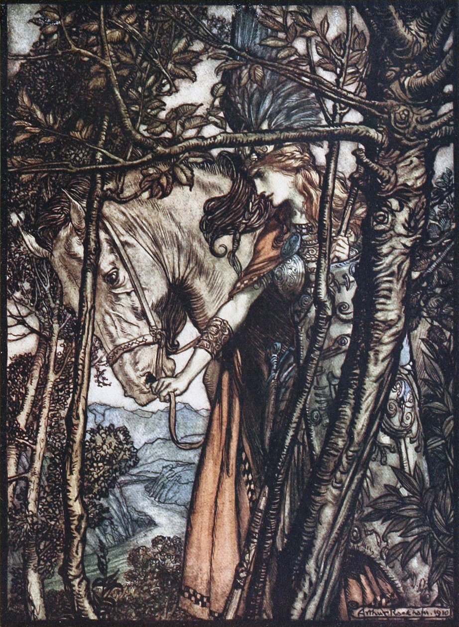 Brünnhilde atını dizginlerinden tutuyor. Richa tarafından Rhinegold ve Valkyrie için illüstrasyon by Arthur Rackham