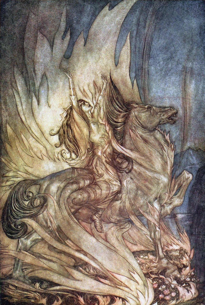 Brünnhilde on Grane, Siegfried'in cenaze ateşinin üzerine atlıyor. Siegfried ve The Tw için İllüstrasyon by Arthur Rackham