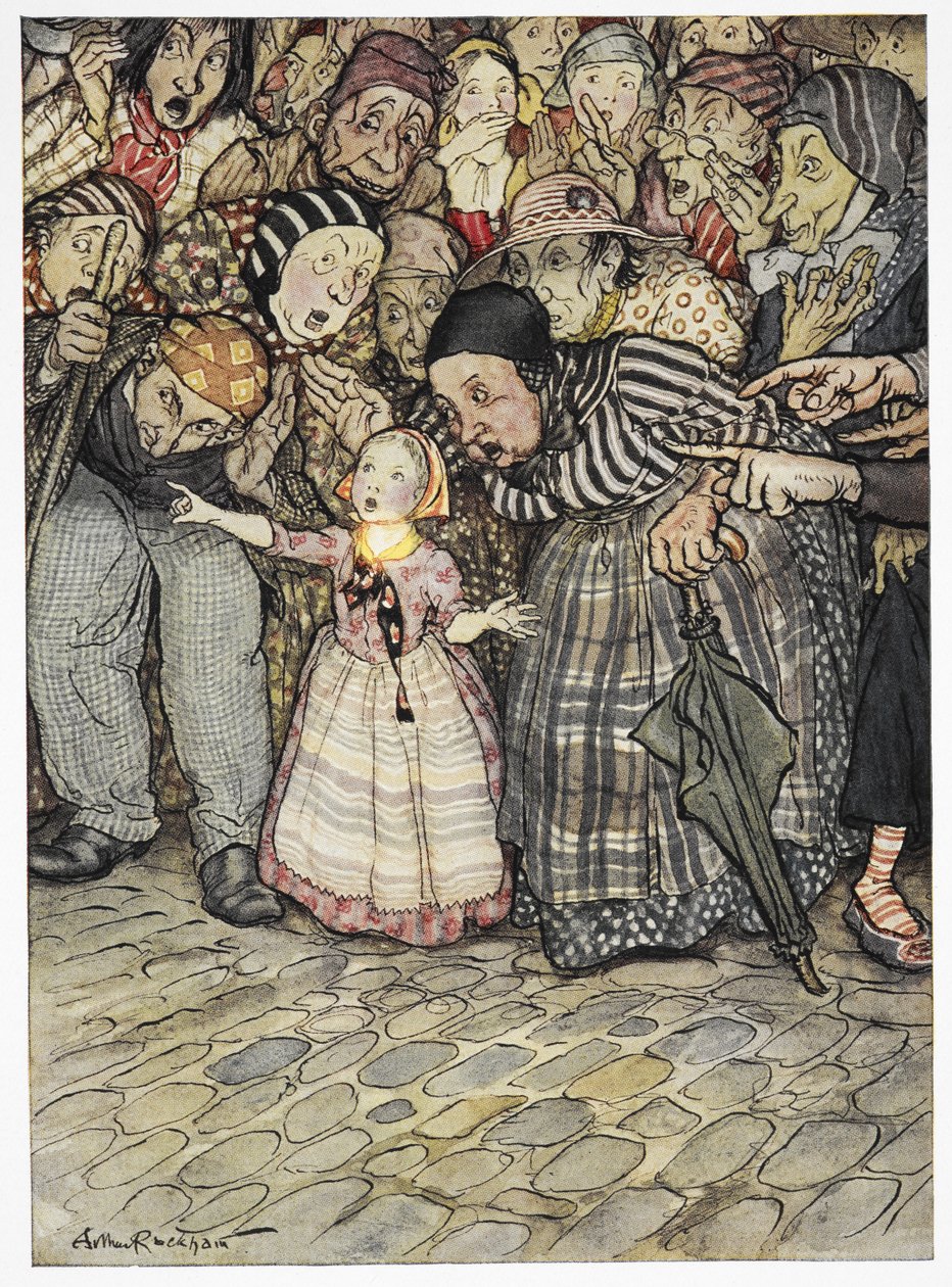 Küçük bir çocuk, "Ama üzerinde hiçbir şey yok" dedi. 'İmparatorun yeni kıyafetleri' hikayesine renkli illüstrasyon. by Arthur Rackham