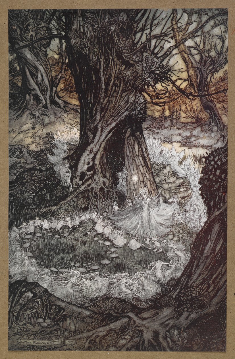 Gel, şimdi bir yuvarlak'. Bir Yaz Gecesi Rüyası'ndan bir sahne. by Arthur Rackham