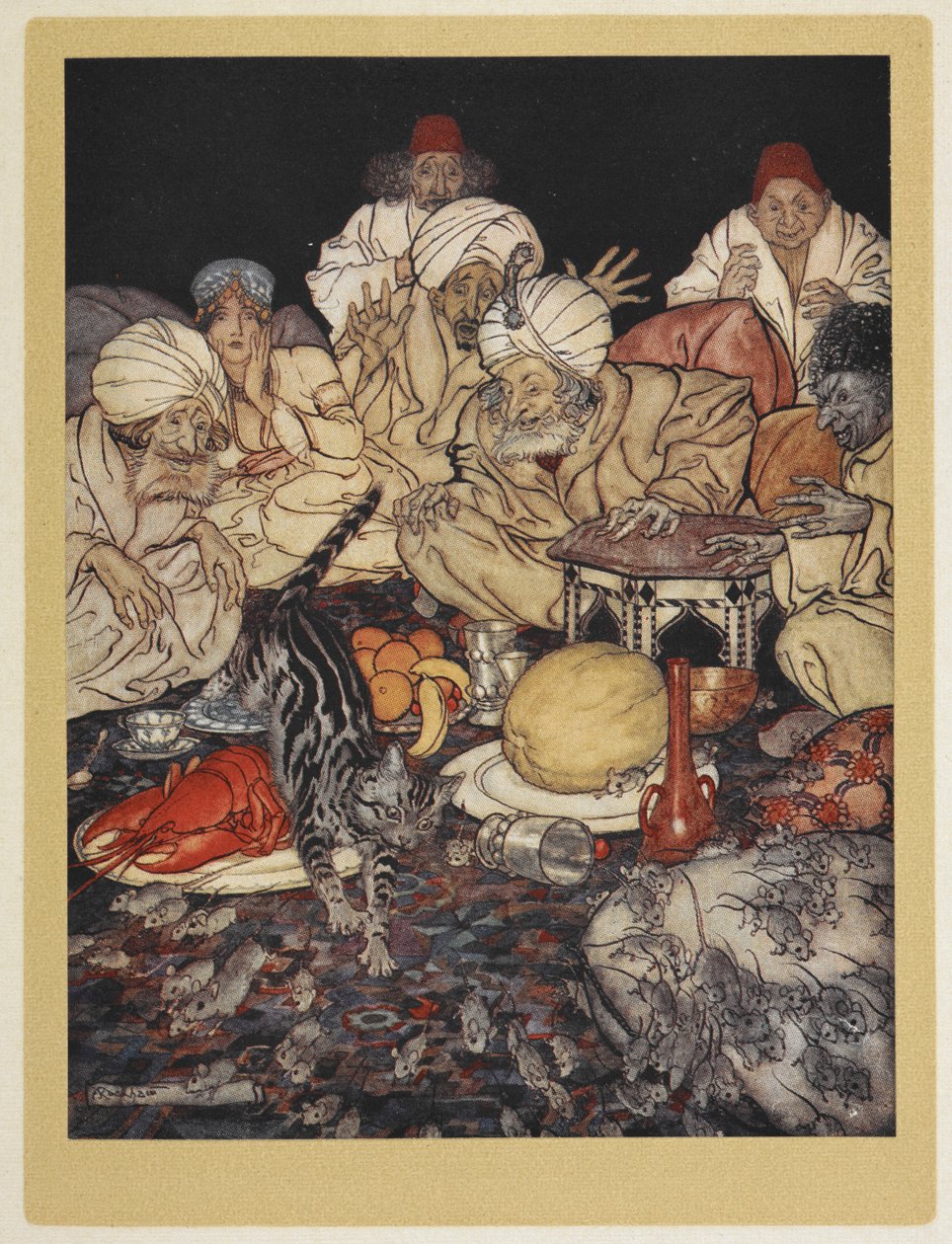 Dick Whittington'ın Kedisi, Moors Kralı'nın farelerine biniyor. by Arthur Rackham