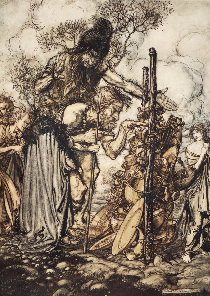 Fafner: 'Hey! Buraya gel ve beni bu huydan durdur!', 'Rhinegold ve Valkyrie'den bir çizim, 1910 by Arthur Rackham