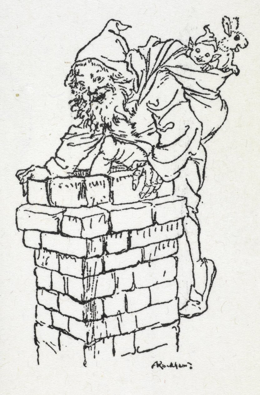 Noel Baba bir çuval hediyeyle bacadan aşağı iniyor by Arthur Rackham