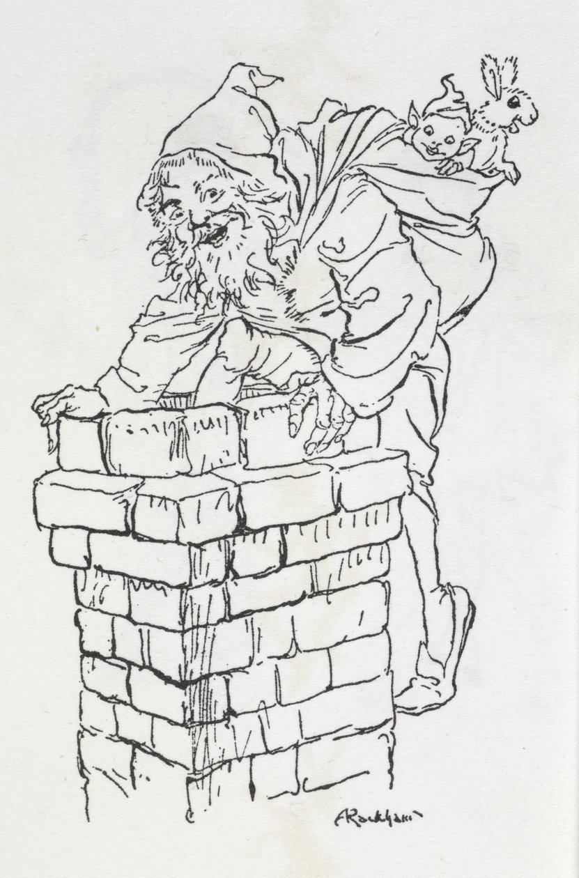 Noel Baba hediyelerle bacaya tırmanıyor by Arthur Rackham