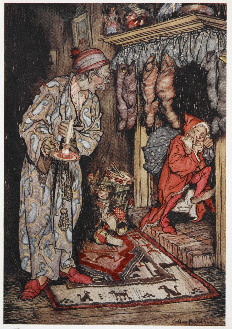 Noel Baba, Noel arifesinde hediyeler dağıtıyor by Arthur Rackham