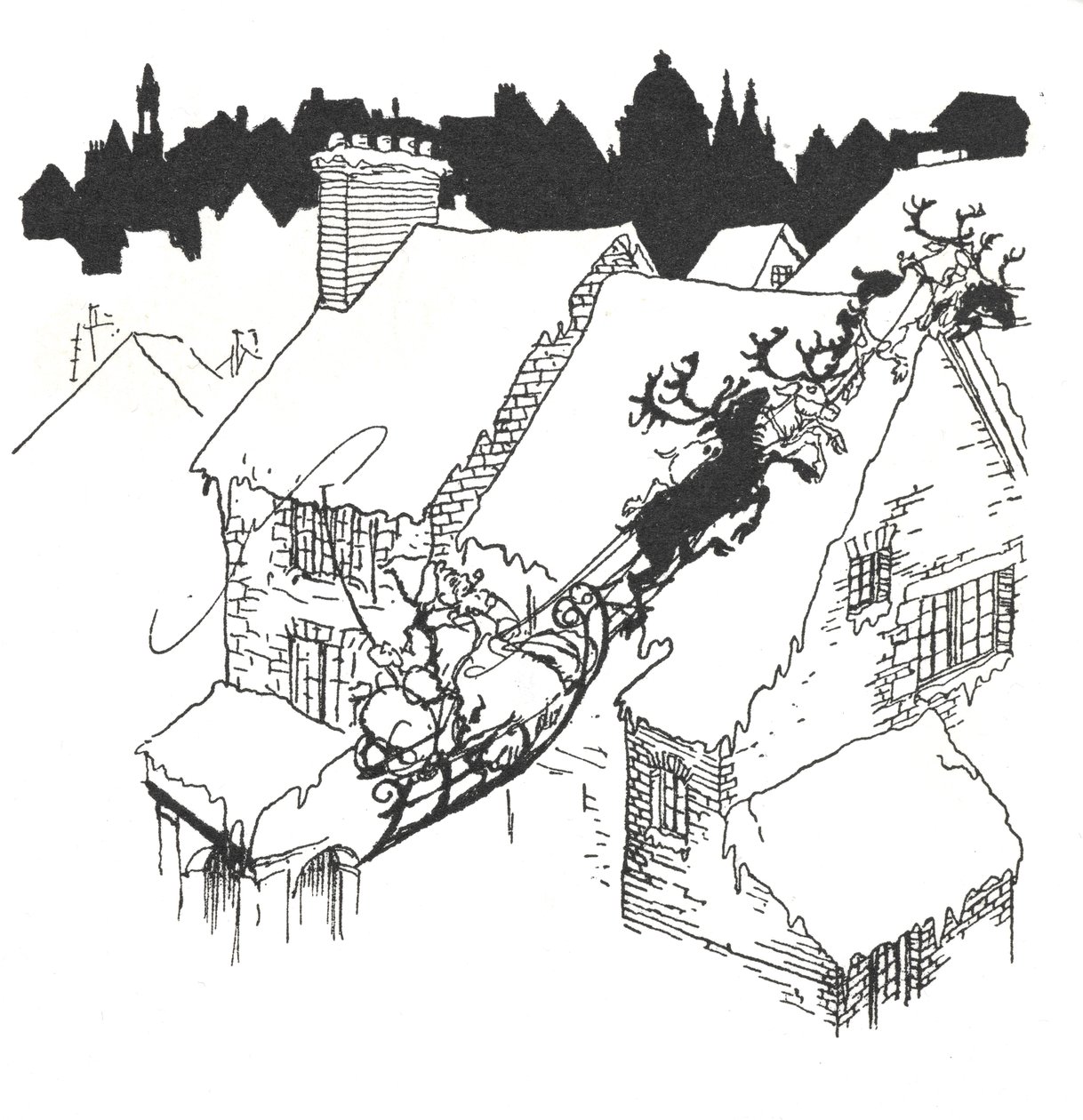 Karlı çatıların üzerinden uçan kızağıyla Noel Baba by Arthur Rackham