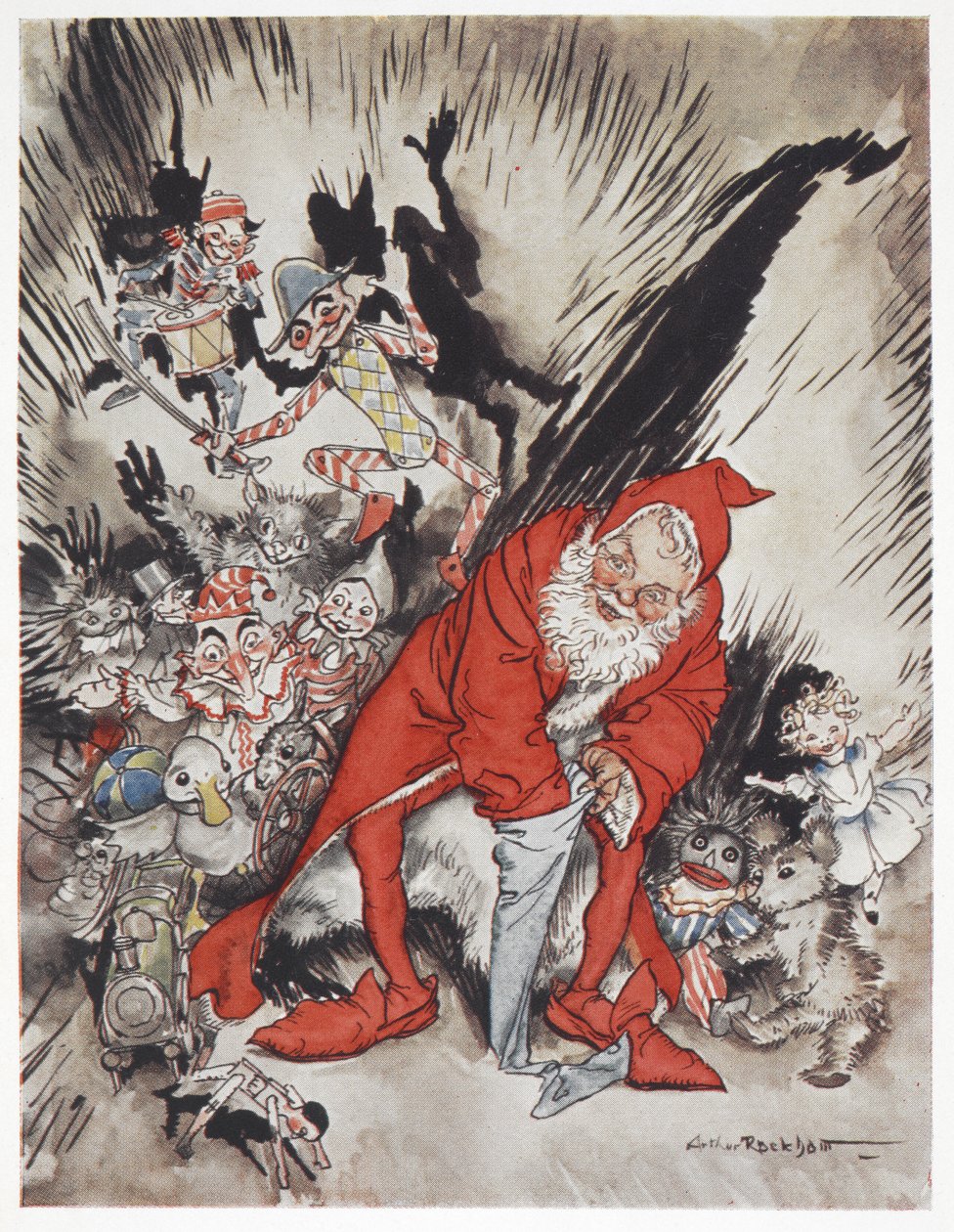 Hediyelerle çevrili Noel Baba by Arthur Rackham