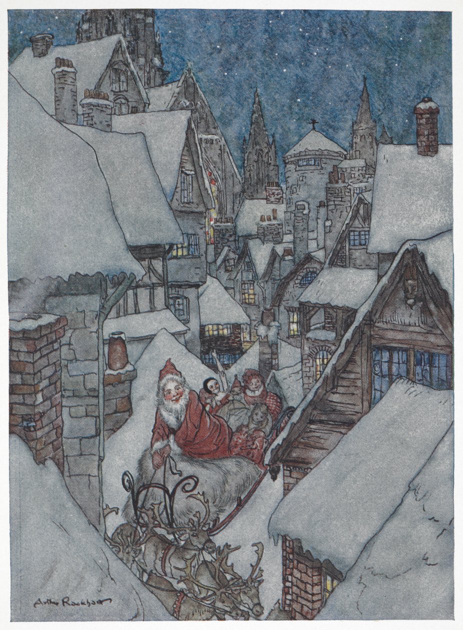 Noel Baba, kızağıyla karlı sokaklarda seyahat ediyor by Arthur Rackham