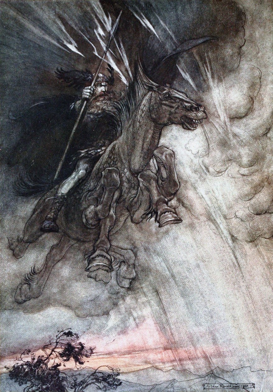 Öfkeyle Wotan kayaya biniyor. Richard tarafından Rhinegold ve Valkyrie için illüstrasyon by Arthur Rackham