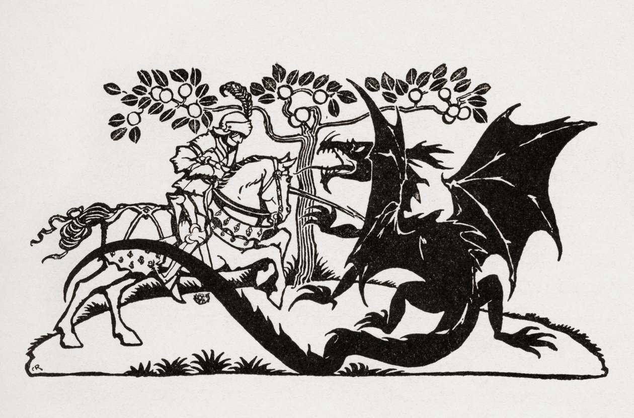 George ve Ejderha. FA Steel tarafından Arthur Rackham'ın çizimleriyle yeniden anlatılan English Fairy Tales kitabından, 1927'de yayınlandı. by Arthur Rackham