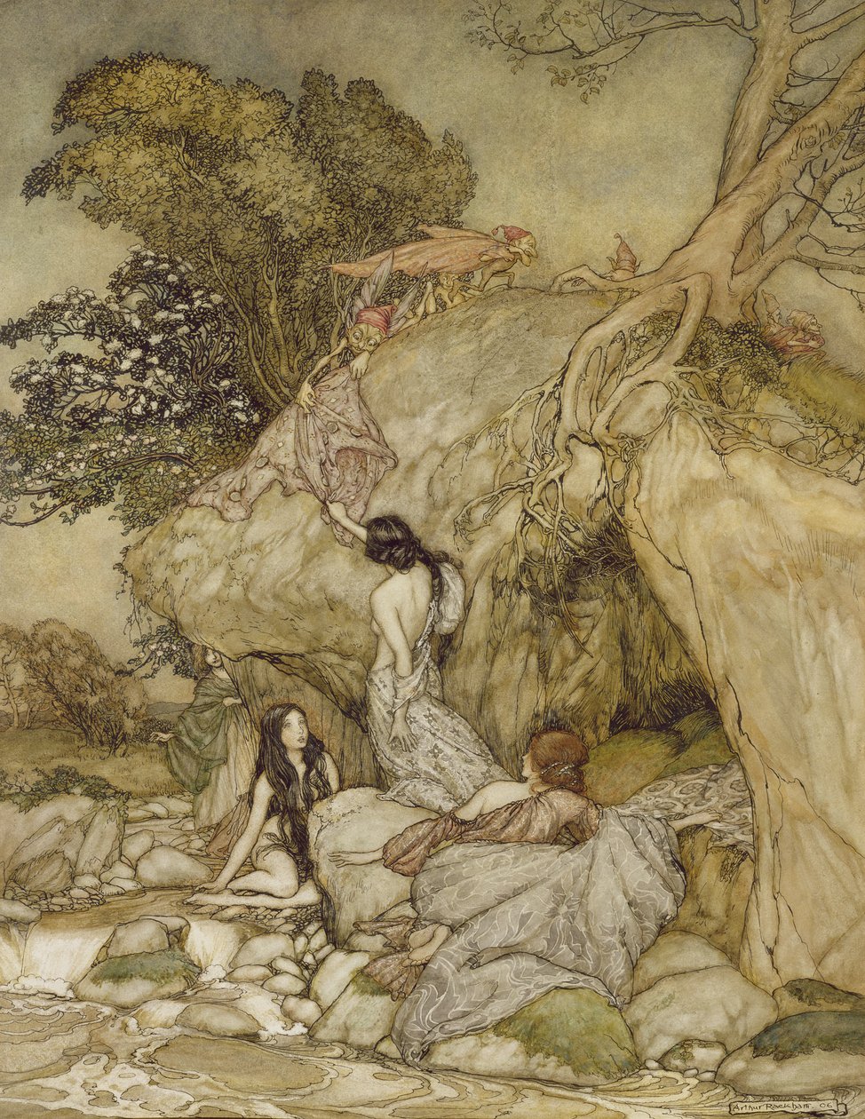 Girls by a Stream, 1906 (kalem, mürekkep ve tuvalet) by Arthur Rackham