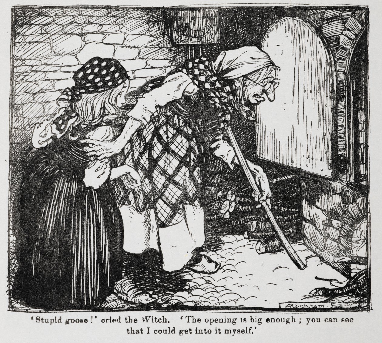 Hansel ve Grethel'den fırının yanında Grethel ve yaşlı cadı. by Arthur Rackham