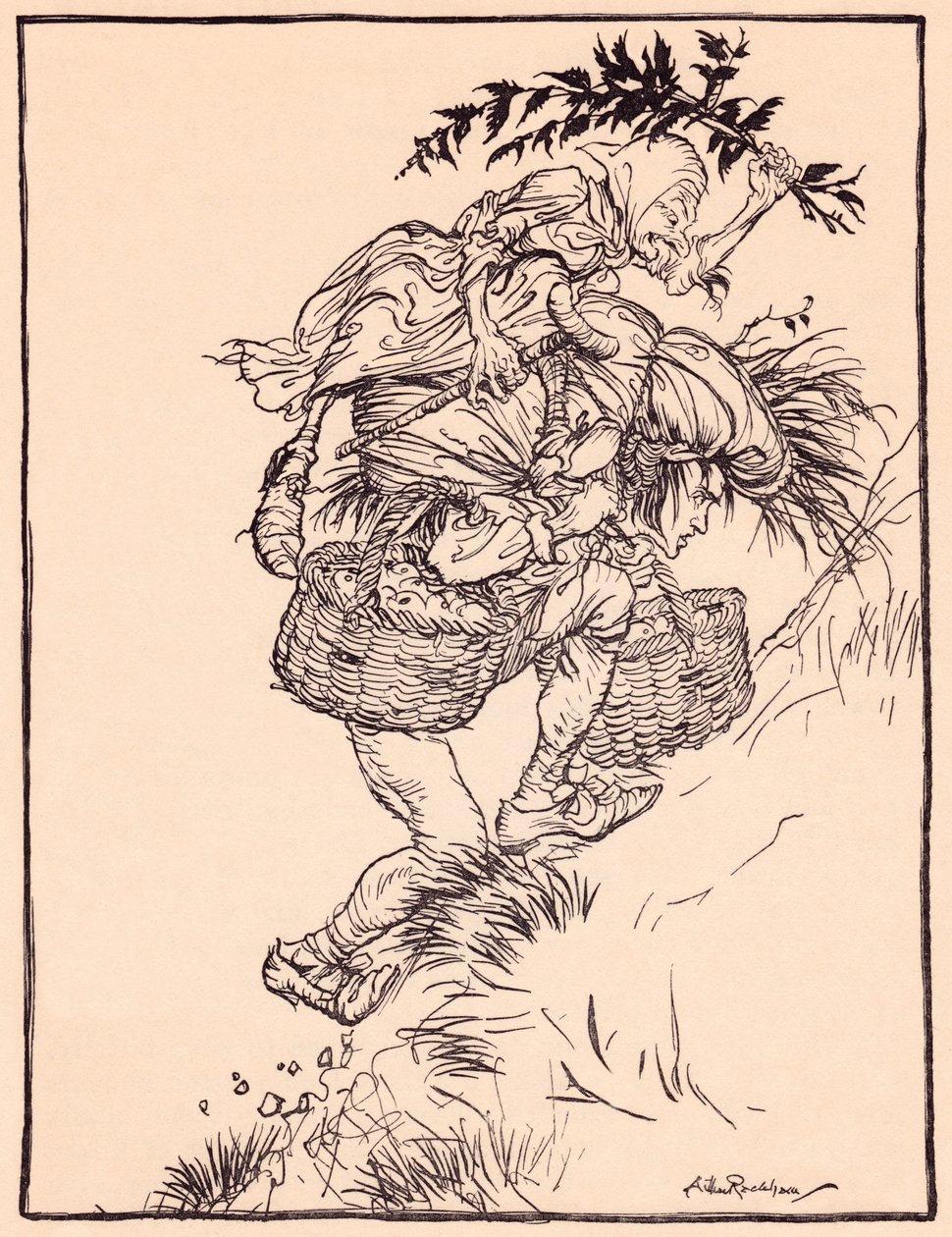 Sürekli inleyerek dağa tırmandı. Grimm's Fairy Tale, The Goose Girl at the Well'den Arthur Rackham'ın çizimi. by Arthur Rackham