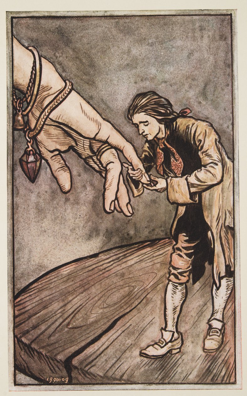 Gulliver Brobdingnag Kraliçesini El Olarak Öpüyor, Jonathan Swift (1667 - 1745), pub. 1909 by Arthur Rackham
