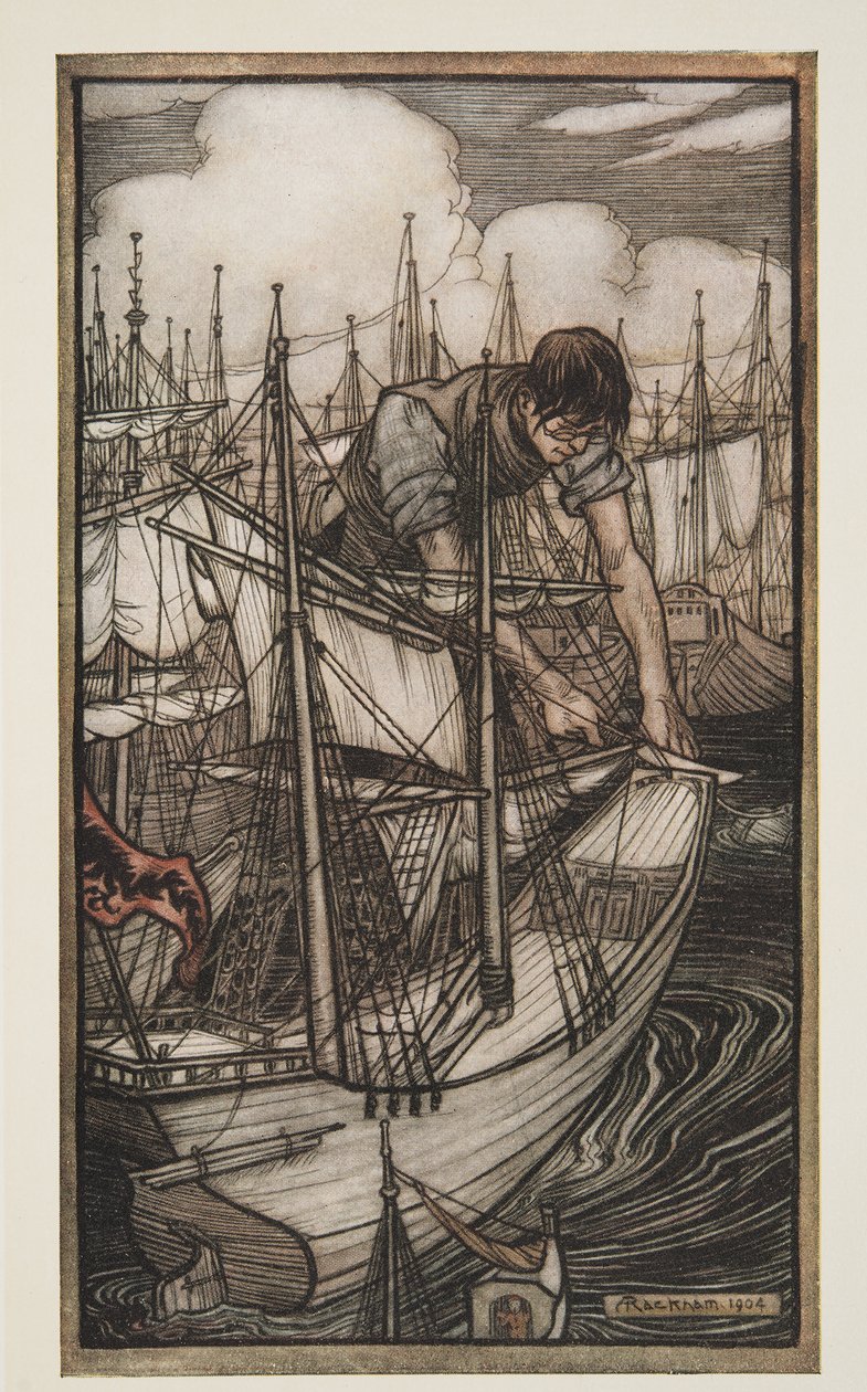 Gulliver Düşmanın Filosunu Ele Geçiriyor, Jonathan Swift (1667 - 1745), pub. 1909 by Arthur Rackham