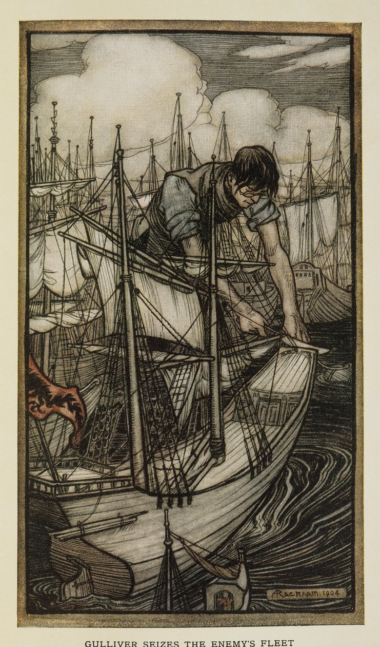 Gulliver düşman filosunu ele geçiriyor, Jonathan Swift'in Gulliver's Travels'tan İllüstrasyonu, Arthur Rackham'ın by Arthur Rackham