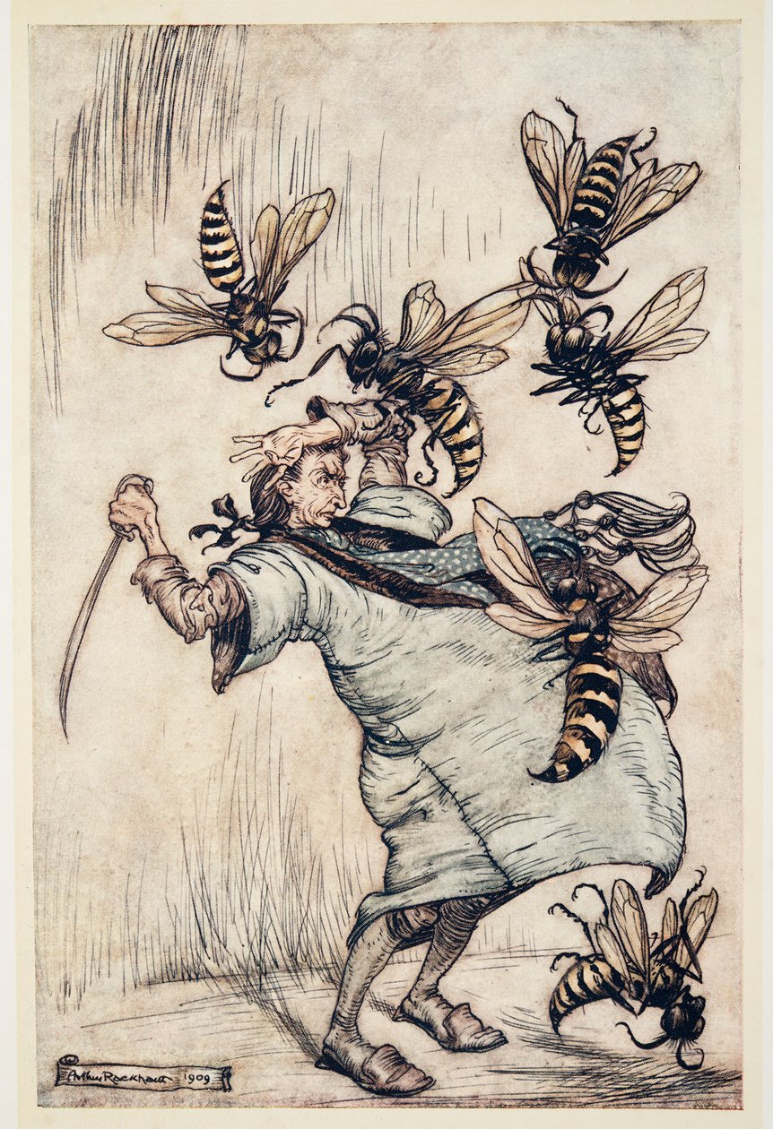 Gulliver'in Yaban Arısı ile Savaşı, Jonathon Swift (1667 - 1745) tarafından yazılan Gulliver'in Seyahatleri'nden, pub. 1909 (renkli taş) by Arthur Rackham