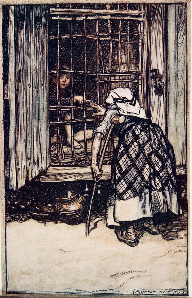 Hansel bir boğum çıkardı ve gözleri loş olan yaşlı Kadın göremedi ve parmağı olduğunu sandı ve şişmanlamamasına çok şaşırdı .. The Fairy Tales of the B