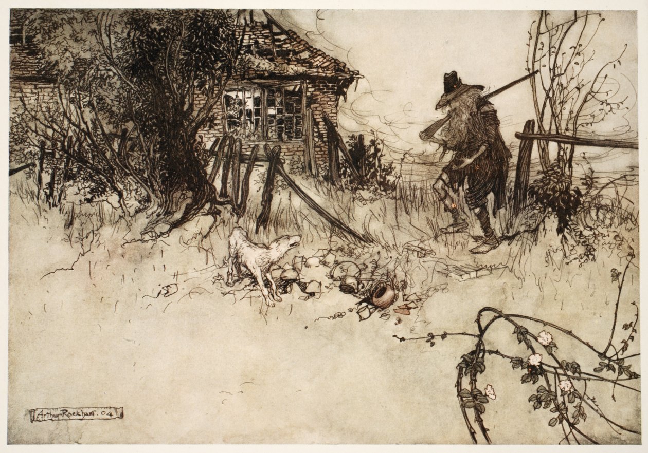 Evin çürümeye gittiğini mi buldu? Köpeğim, diye iç geçirdi zavallı Rip, beni unuttu., Rip Van Winkle, Washington Irving, pub. 1910 by Arthur Rackham