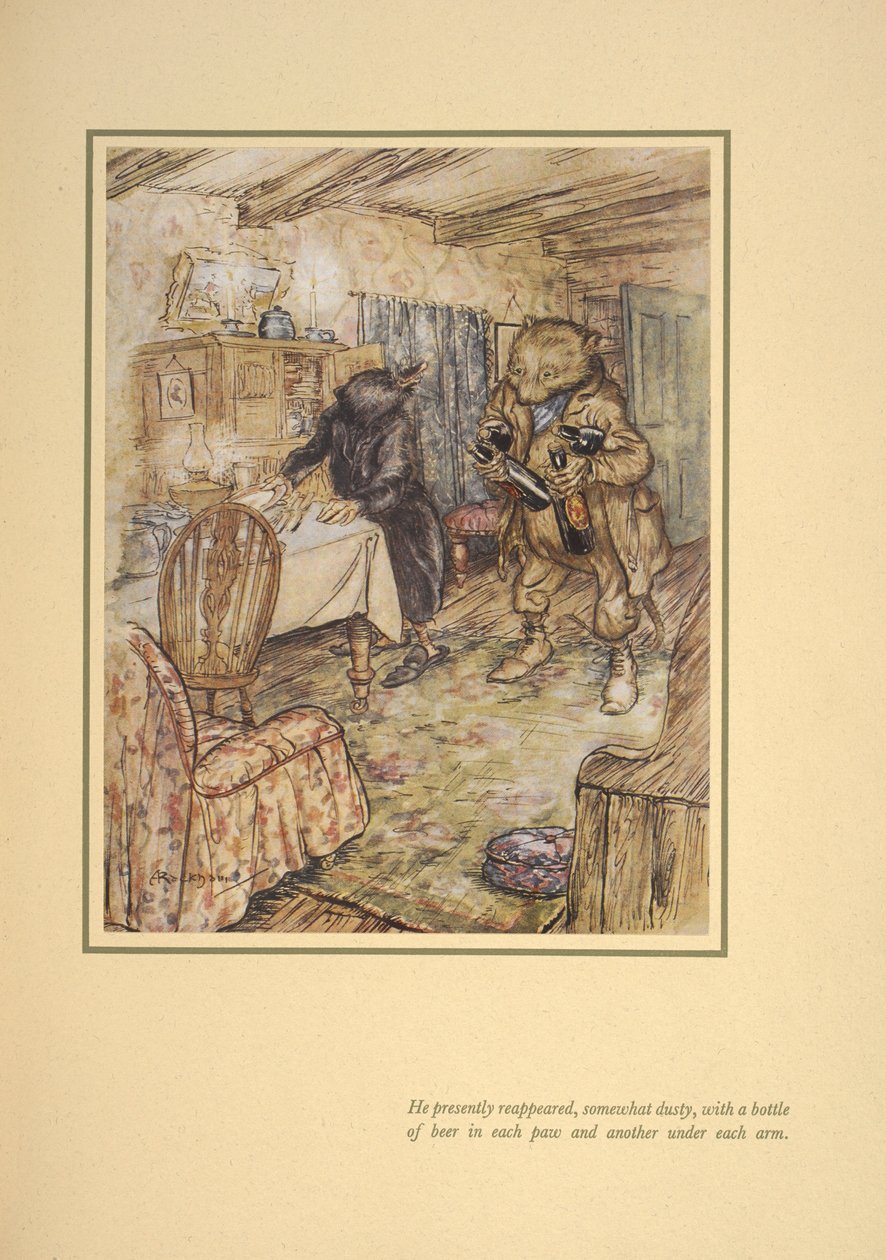 Az sonra, biraz tozlu bir şekilde, her bir biranın içinde her bir koltuğunun altında bir şişe birayla yeniden ortaya çıktı. by Arthur Rackham