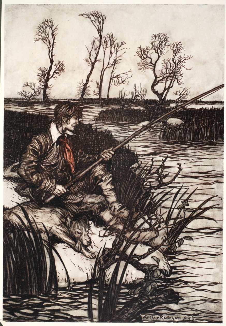 Bütün gün ıslak bir kayanın üzerinde oturur ve balık tutardı, Rip Van Winkle by Washington Irving, pub. 1910 by Arthur Rackham