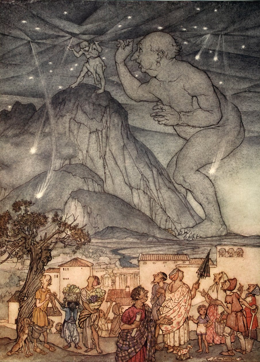 Herkül büyük bir omuz silkti, Nathaniel Hawthorne'un "Kızlar ve Erkekler İçin Harika Bir Kitap"tan bir çizim, 1928 by Arthur Rackham