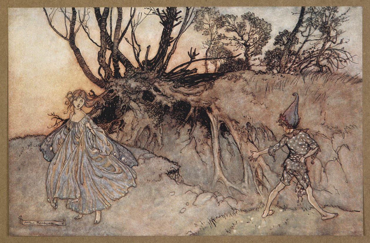 'Nasıl şimdi, ruh! Nereye gidiyorsun?' Puck ve bir peri. Bir Yaz Gecesi Rüyası'ndan bir sahne. by Arthur Rackham