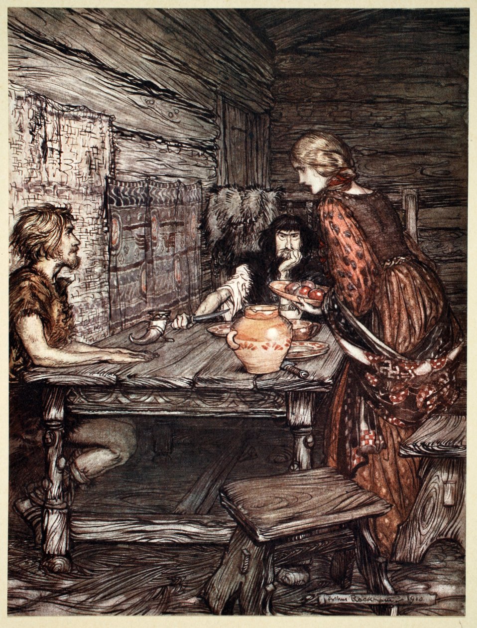 "Hunding, Siegmund ve Sieglunde arasındaki benzerliği keşfeder", 1910. by Arthur Rackham
