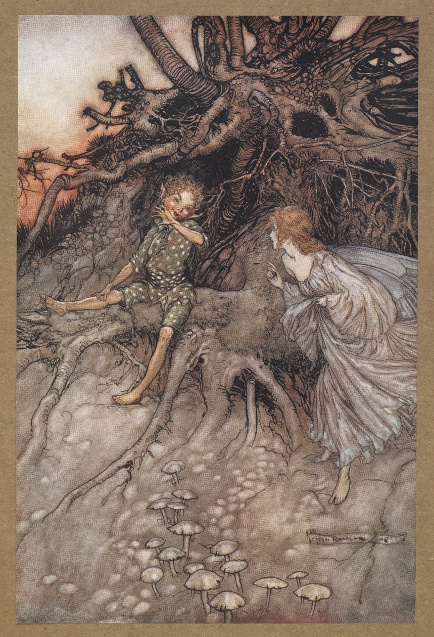 Ben gecenin o neşeli gezginiyim'. Bir Yaz Gecesi Rüyası'ndan bir sahne. by Arthur Rackham