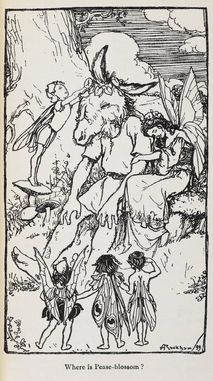 Bir Yaz Gecesi Rüyası'ndan periler ve eşek kafalı bir adamla ilgili illüstrasyon. by Arthur Rackham