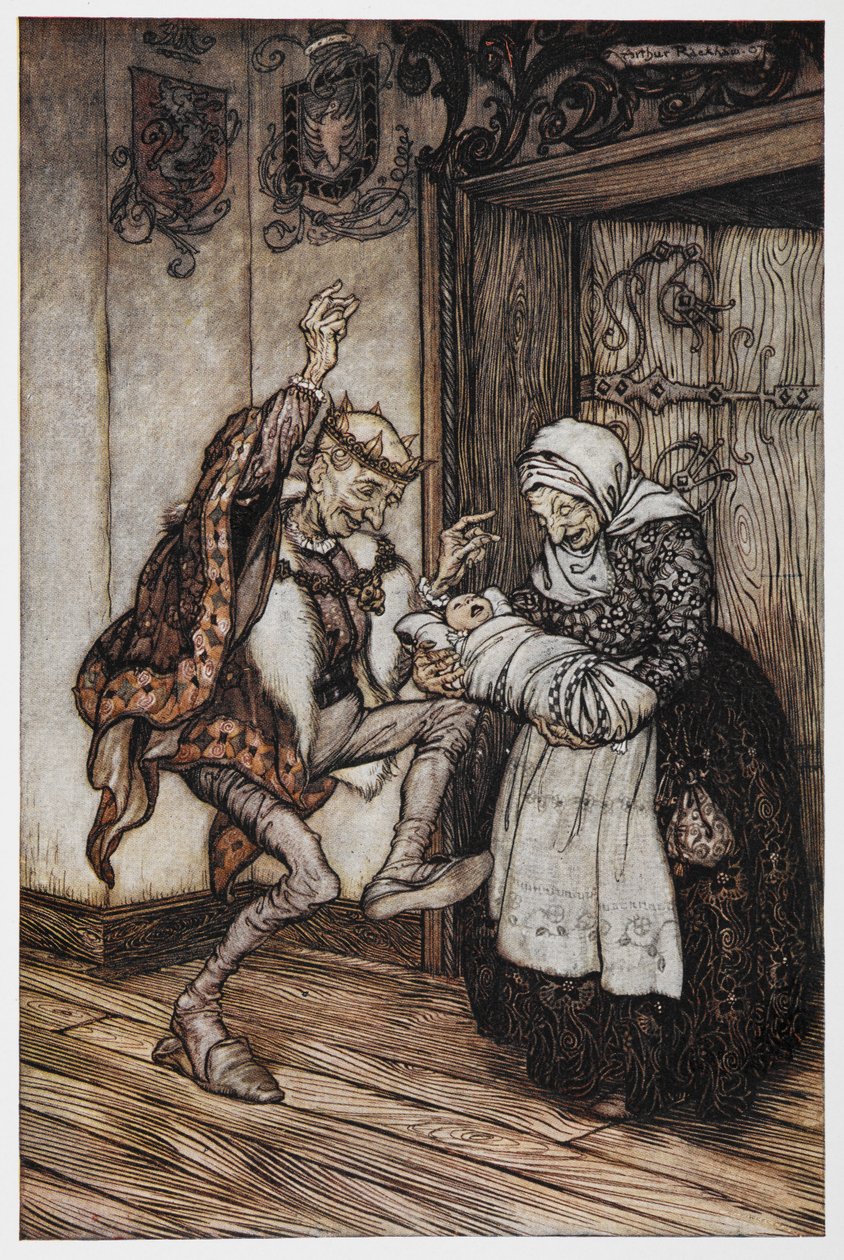 Briar Rose'dan yaşlı bir kral, kraliçe ve bebeklerinin illüstrasyonu. by Arthur Rackham