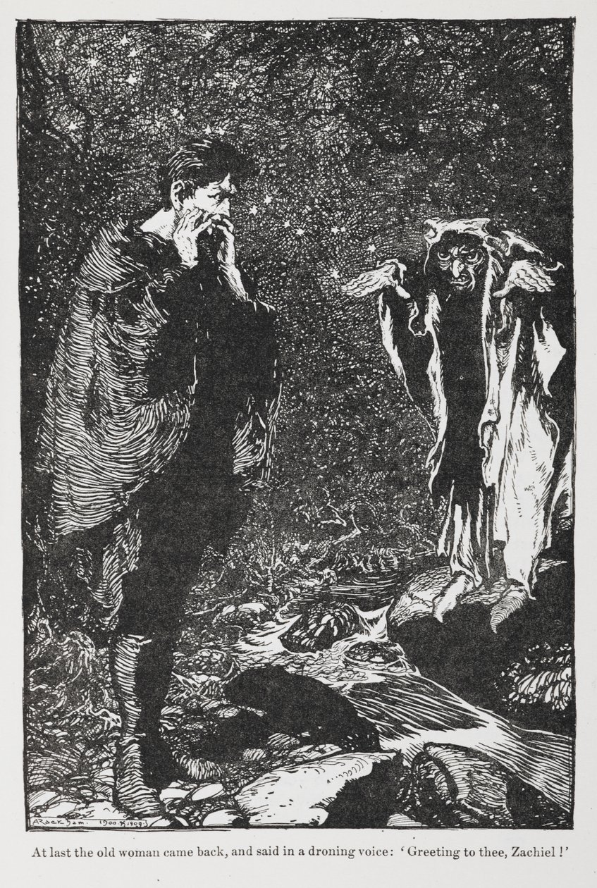 Zachiel ve yaşlı kadından Jorinda ve Joringel'den çizim. by Arthur Rackham