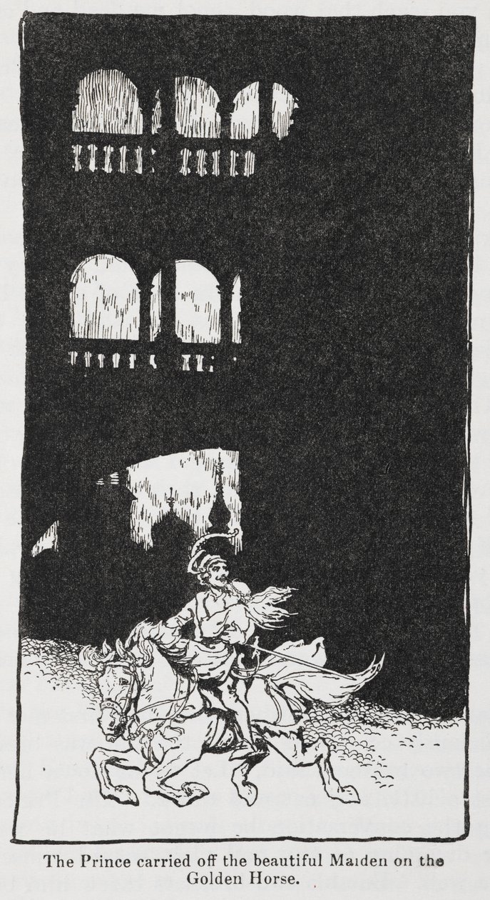 Prens, bakireyi at sırtında götürdüğünde Altın Kuş'tan bir resim. by Arthur Rackham