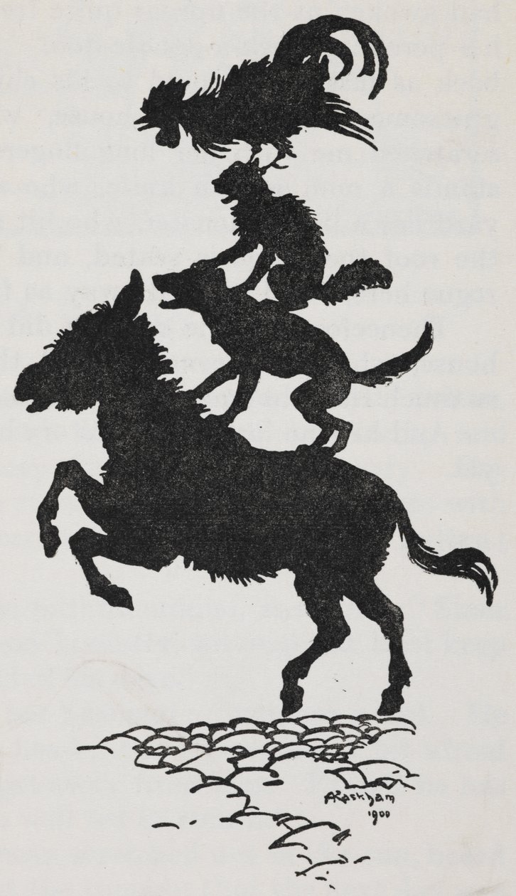 Bremen Mızıkacılarından bir eşek, köpek, kedi ve horoz çizimi. by Arthur Rackham