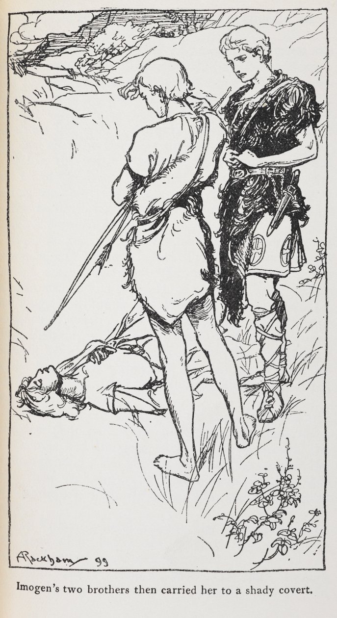 Cymbeline'den Imogen ve kardeşlerinin çizimi. by Arthur Rackham