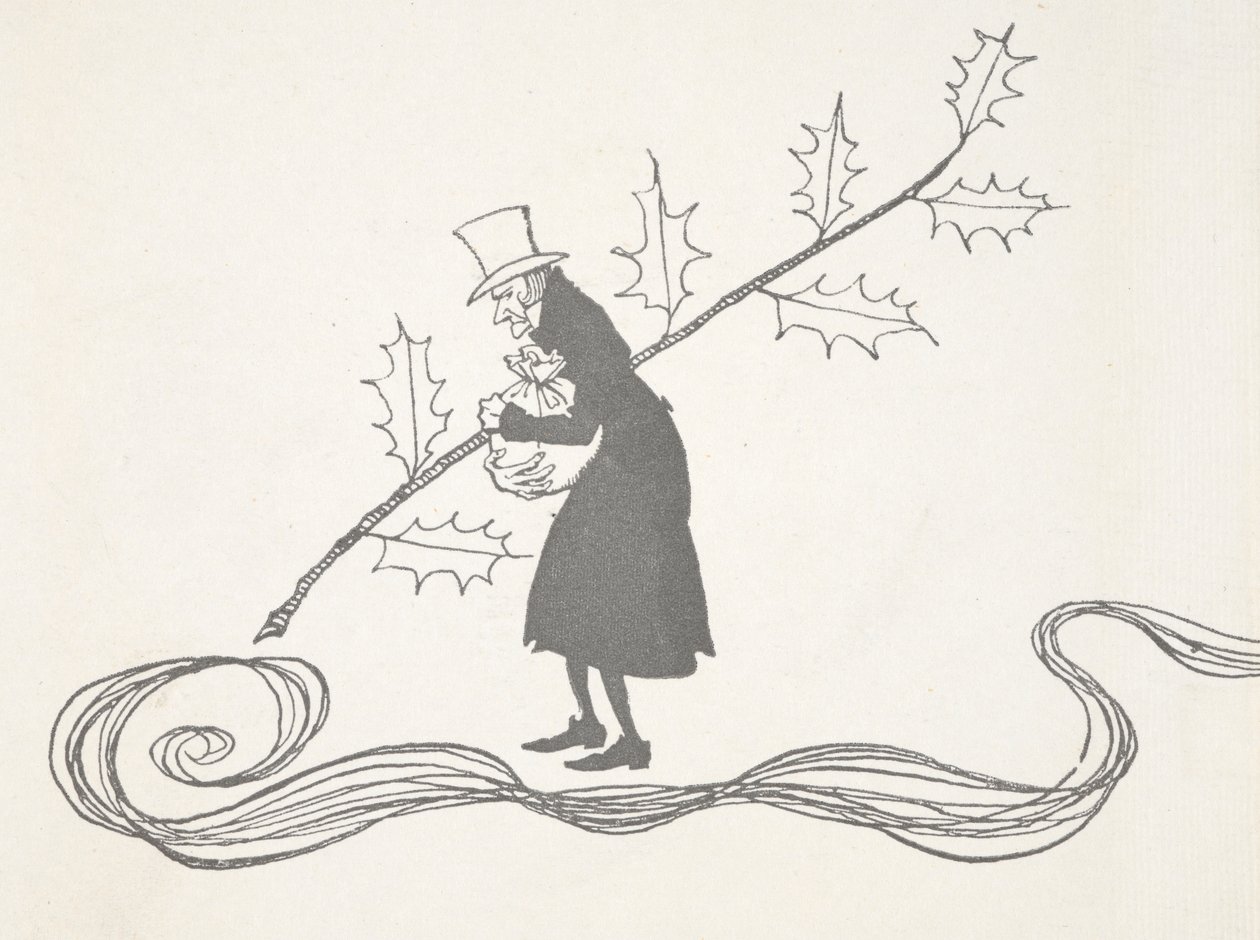 Bir çobanpüskülü dalı tarafından tasvir edilen, elinde bir çanta dolusu parayı tutan ve kızgın görünen Scrooge'un çizimi. by Arthur Rackham
