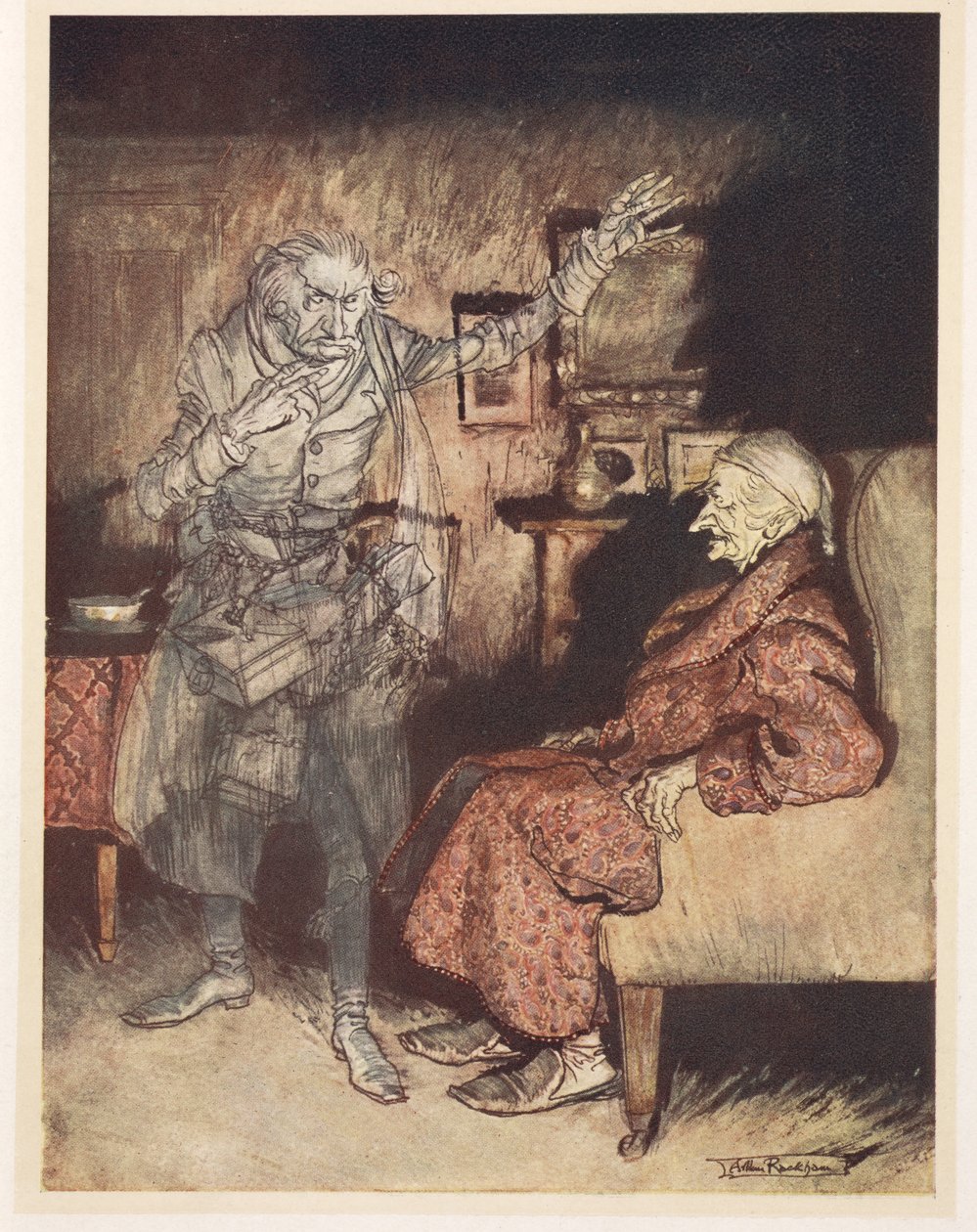 Geçmiş Noel Hayaleti ile Scrooge'un İllüstrasyonu by Arthur Rackham