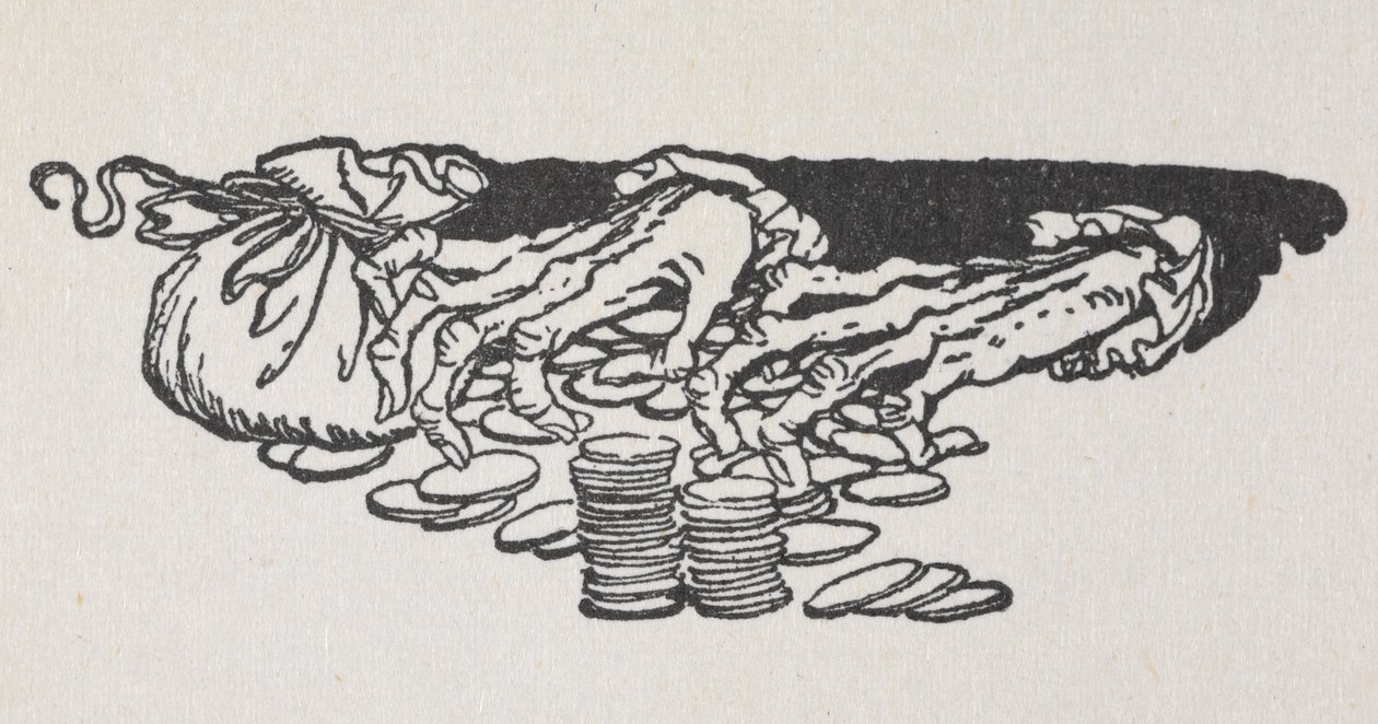 Scrooge'un para sayan ellerini gösteren resim by Arthur Rackham