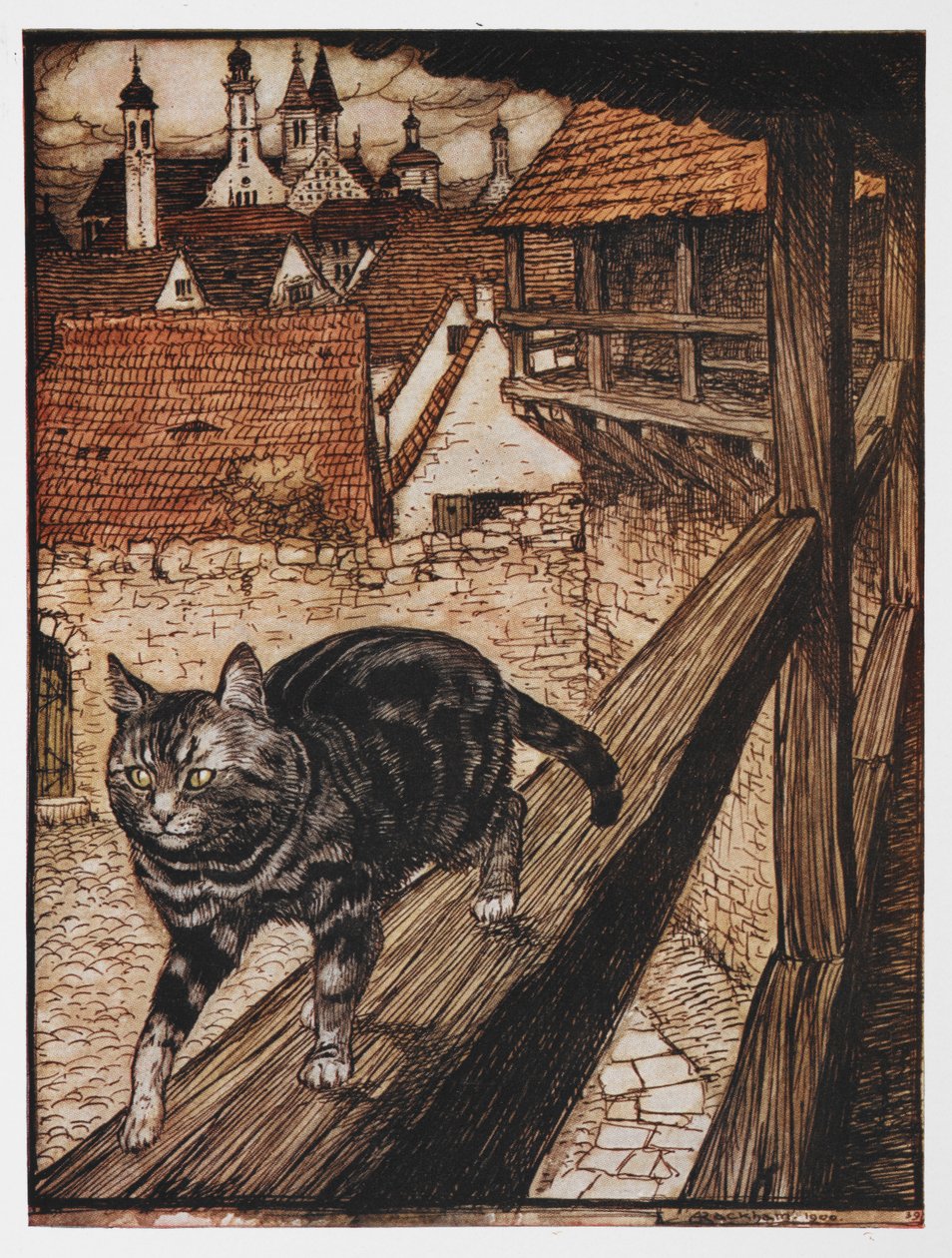 The Cat and the Mouse in Partnership'ten bir çit boyunca yürüyen bir kedinin illüstrasyonu. by Arthur Rackham