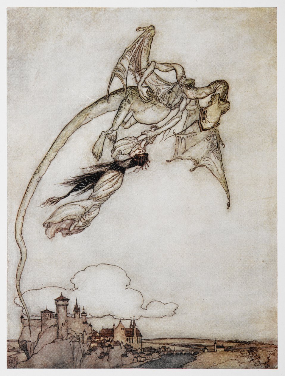 Dört Zeki Kardeş'ten prensesi götüren bir ejderhanın çizimi. by Arthur Rackham
