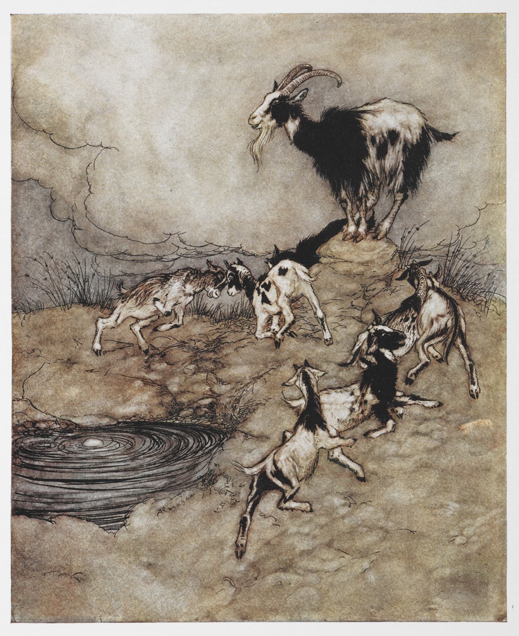The Wolf and the Seven Kids'den oynayan bir keçi ve küçük çocuklarının çizimi. by Arthur Rackham