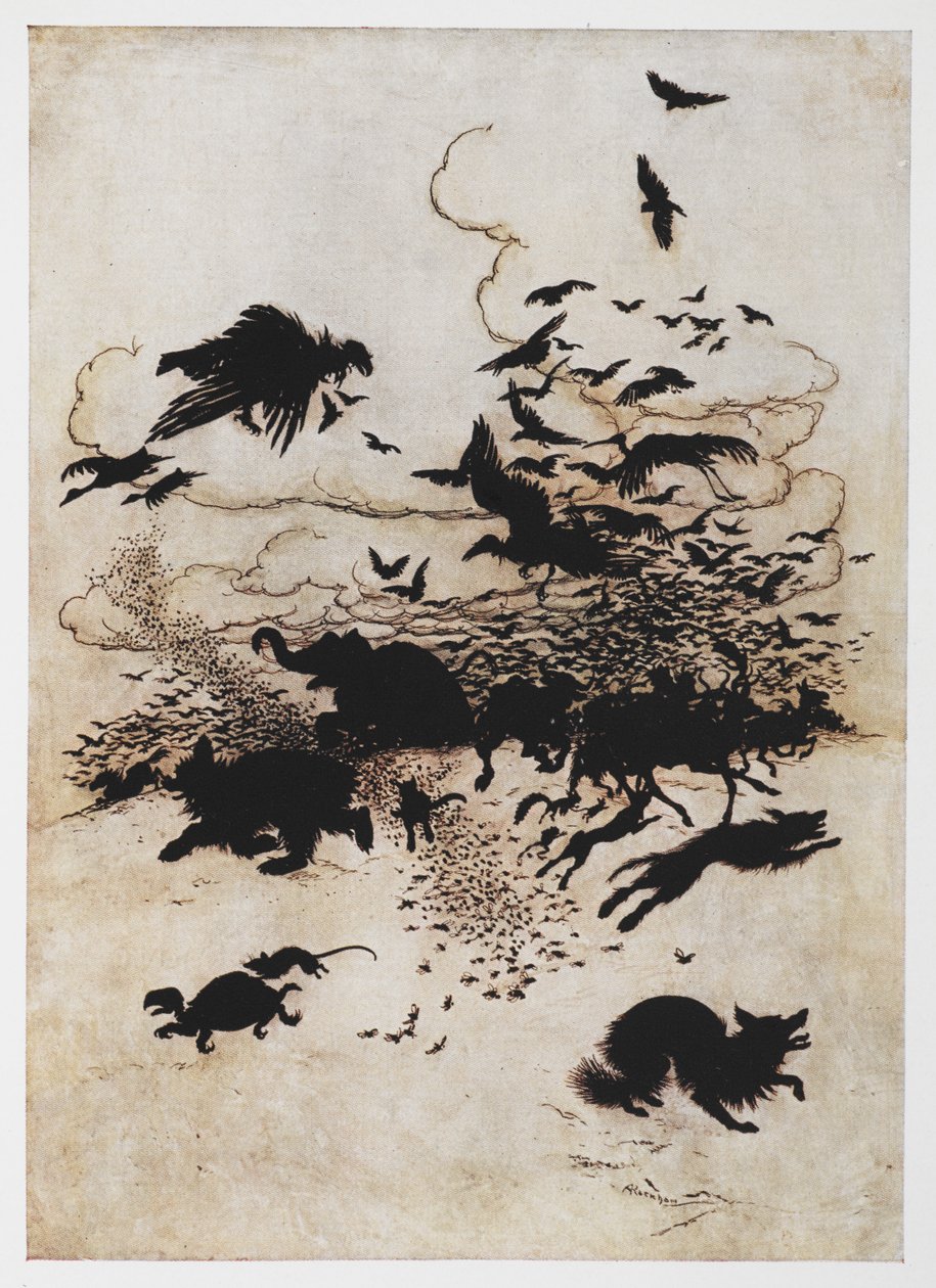 The Wren and the Bear'dan bir hayvan izdihamının çizimi. by Arthur Rackham