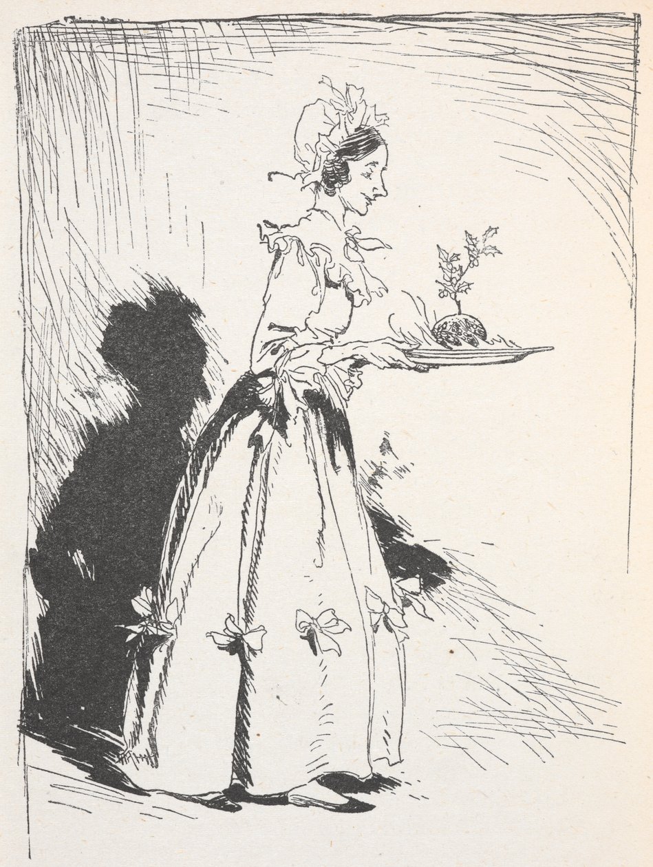 Noel pudingi taşıyan bir kadının illüstrasyonu by Arthur Rackham