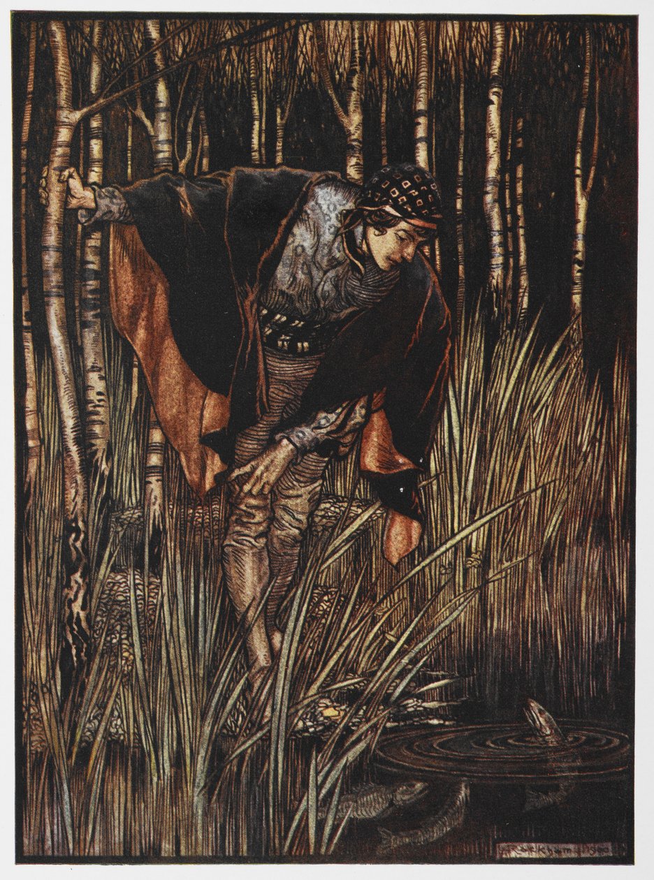 Beyaz Yılan'dan bir göletin yanında bir gencin çizimi. by Arthur Rackham