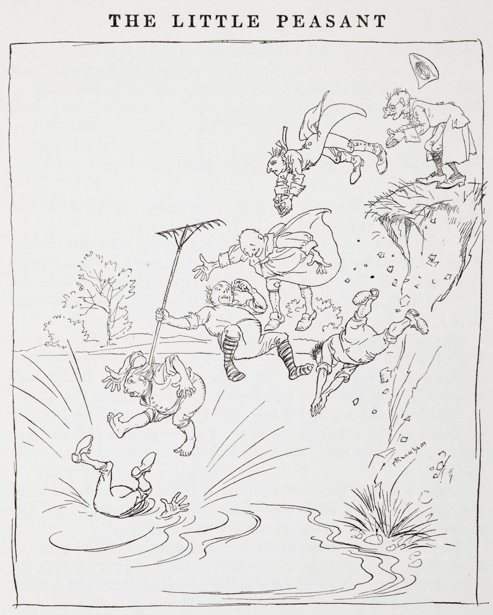 Küçük Köylüler'de bir uçurumdan gölete atlayan adamların çizimi. by Arthur Rackham