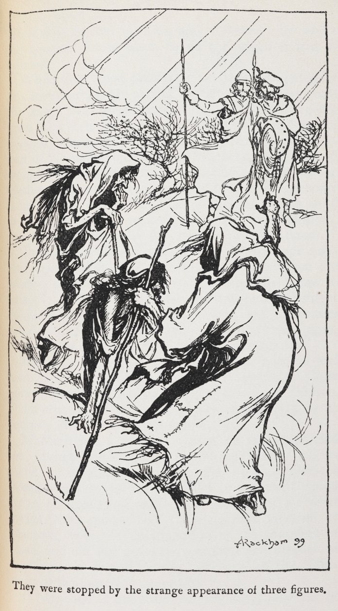 Üç cadı, Macbeth ve Banquo'nun çizimi. by Arthur Rackham