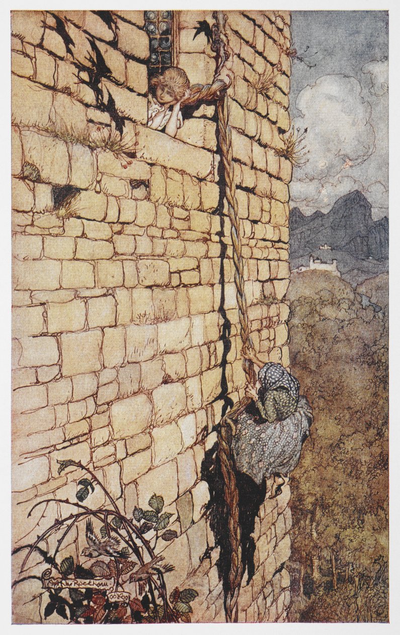 Rapunzel'in saçına tırmanan cadı çizimi. by Arthur Rackham